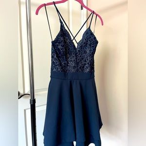 Blue formal, wedding guest, prom dress with pockets